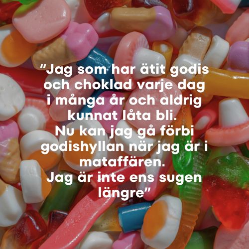 Lösgodis med citat från nöjd kund som fått hjälp av Marika Cavalli hypnosterapeut.